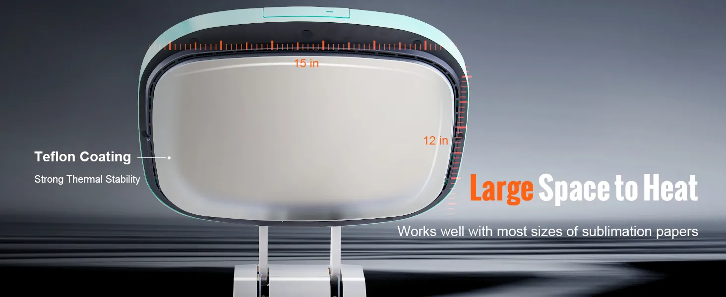 VEVOR auto heat press with 15x12 inch teflon-coated surface, providing large space to heat.