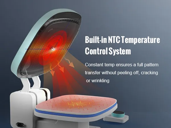 VEVOR auto heat press demonstrating built-in ntc temperature control for wrinkle-free transfers.