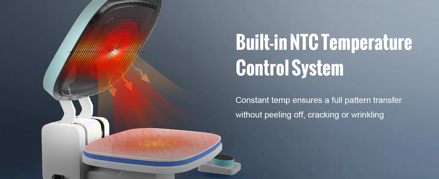 VEVOR auto heat press demonstrating built-in ntc temperature control for wrinkle-free transfers.