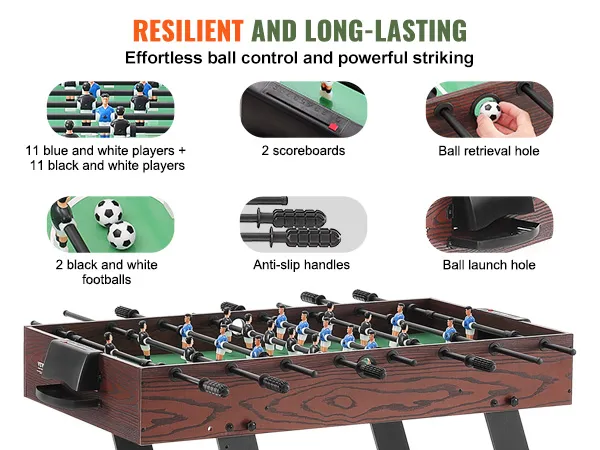 VEVOR foosball table with durable wood frame, anti-slip handles, scoreboards, and dual color players.