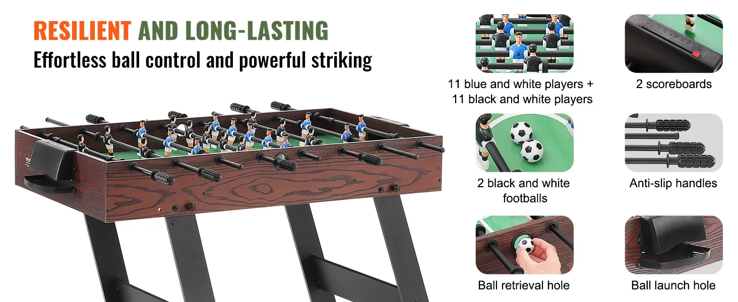 VEVOR foosball table with durable wood frame, anti-slip handles, scoreboards, and dual color players.