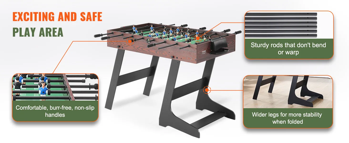 VEVOR foosball table with sturdy rods, wide folding legs, and comfortable non-slip handles.