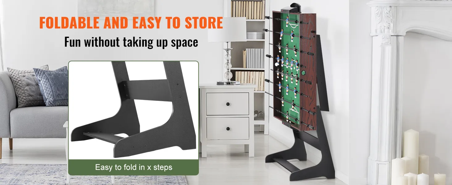 foldable VEVOR foosball table in modern living room, easy to store, saves space.