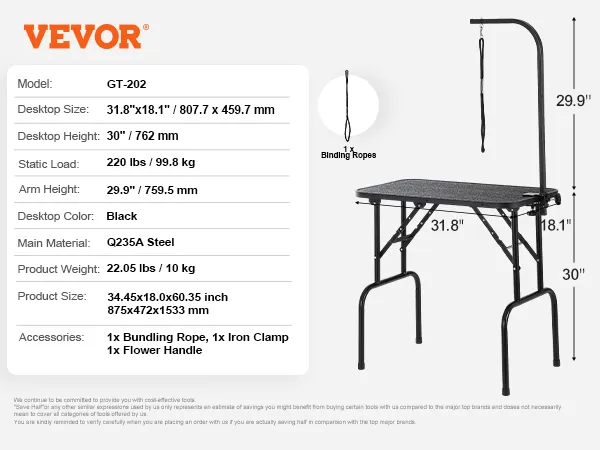 VEVOR pet grooming table, 31.8"x18.1", black, q235a steel, 220 lbs capacity, with binding ropes.