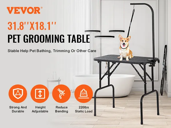 VEVOR pet grooming table in a modern bathroom, featuring a happy dog, height adjustability, and 220lbs load capacity.