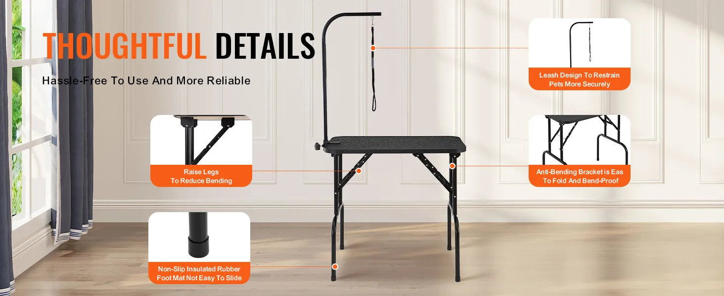 VEVOR pet grooming table features an adjustable leash, raised legs, non-slip feet, and anti-bending bracket.