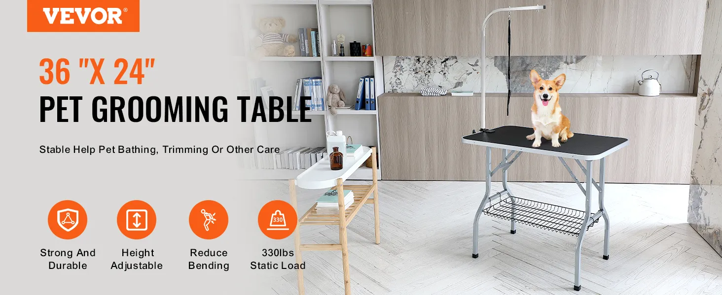 VEVOR pet grooming table with corgi, 36" x 24", strong, height adjustable, reduces bending.