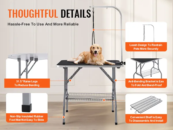 VEVOR pet grooming table with leash, non-slip rubber foot mat, and anti-bending bracket.