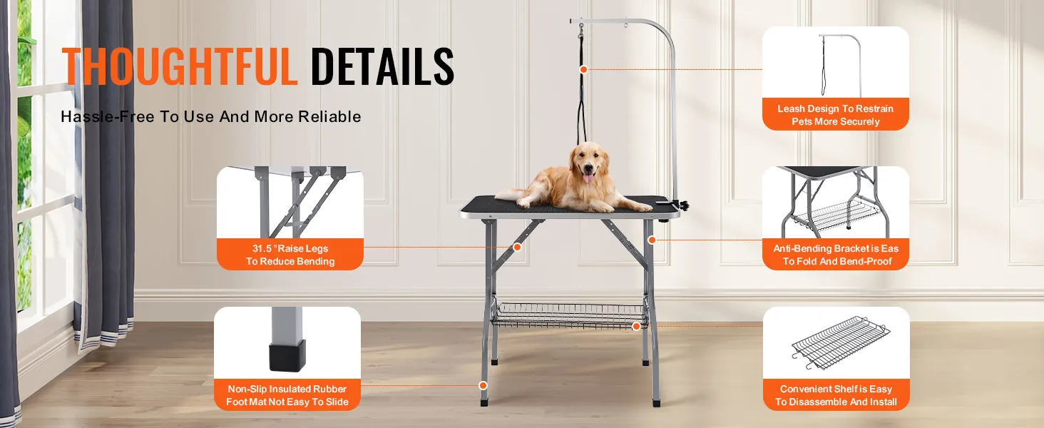 VEVOR pet grooming table with leash, non-slip rubber foot mat, and anti-bending bracket.