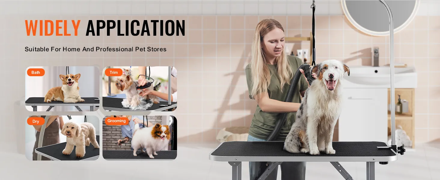 VEVOR pet grooming table for bathing, trimming, drying, and grooming dogs, suitable for home and professional use.