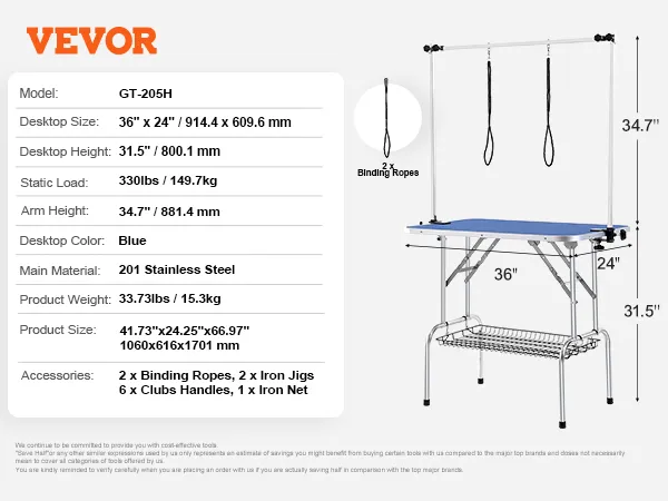 Tavolo da toelettatura per animali domestici VEVOR con braccio regolabile da 34,7", piano blu da 36"x24" e struttura in acciaio inossidabile.