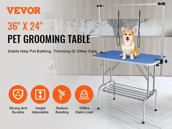 Tavolo da toelettatura per animali domestici VEVOR 36" x 24" con corgi, altezza regolabile, capacità di carico fino a 330 libbre.