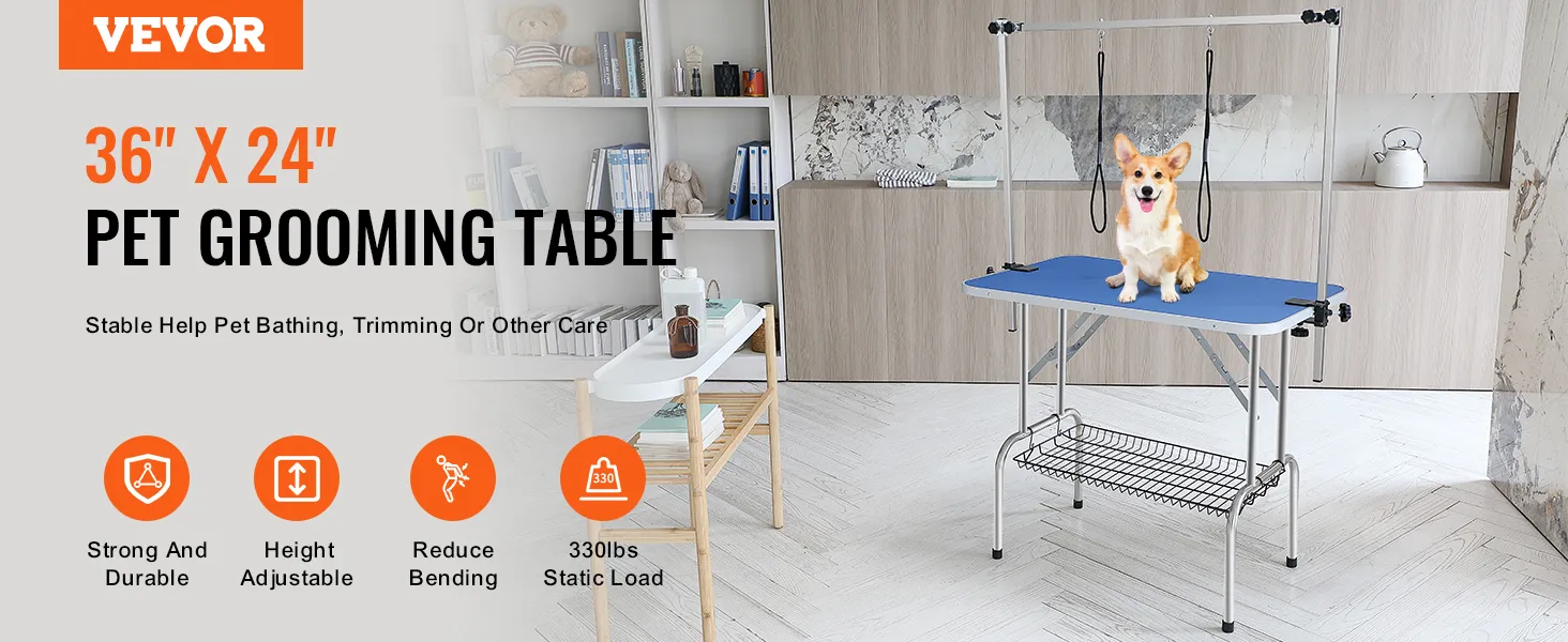 Tavolo da toelettatura per animali domestici VEVOR 36" x 24" con corgi, altezza regolabile, capacità di carico fino a 330 libbre.