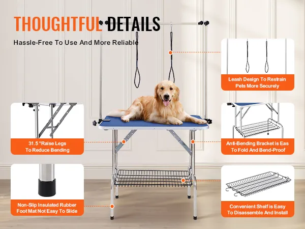 Tavolo da toelettatura per animali domestici VEVOR con tappetini antiscivolo, staffe anti-piegatura e design con guinzaglio sicuro.
