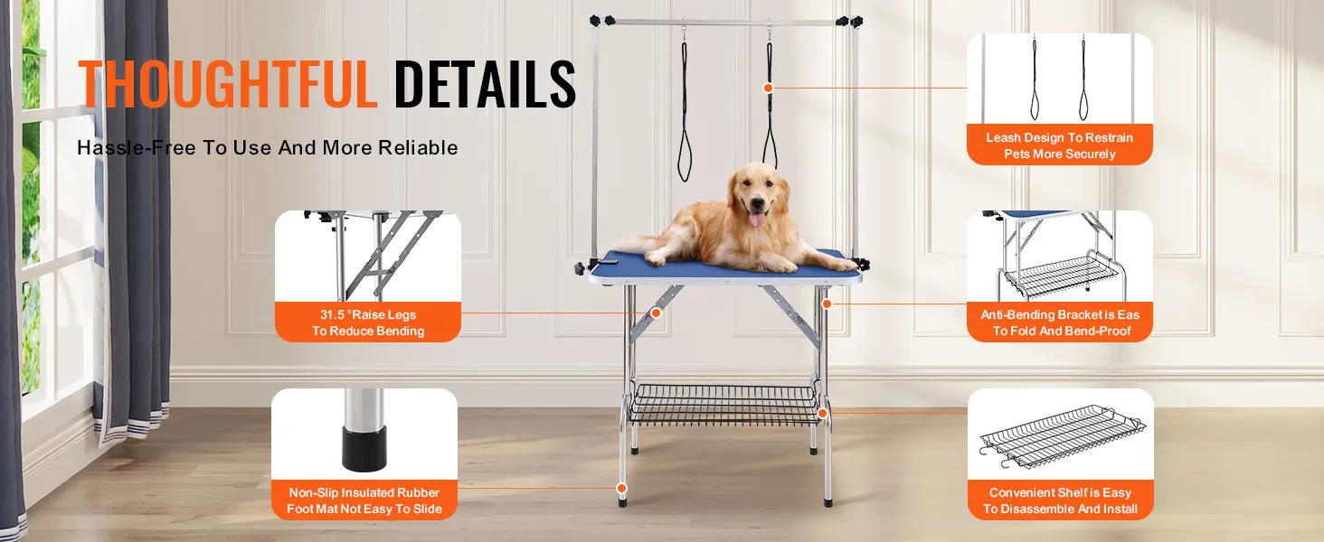 Tavolo da toelettatura per animali domestici VEVOR con tappetini antiscivolo, staffe anti-piegatura e design con guinzaglio sicuro.