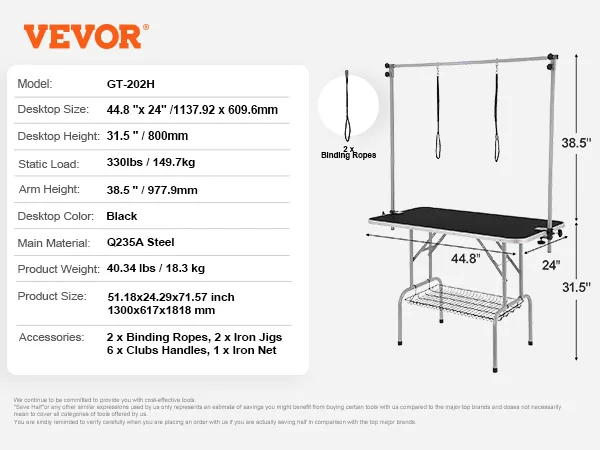 VEVOR pet grooming table specs: 44.8"x24" black desktop, 38.5" arm height, 330 lb load, q235a steel.