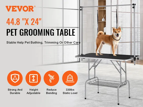 VEVOR pet grooming table 44.8"x24", height adjustable, strong and durable with shelf and harness.