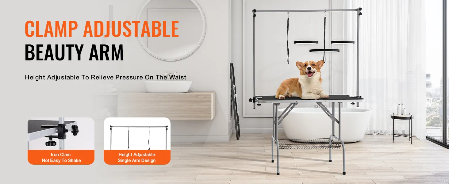 corgi on VEVOR pet grooming table with adjustable beauty arm in modern bathroom.