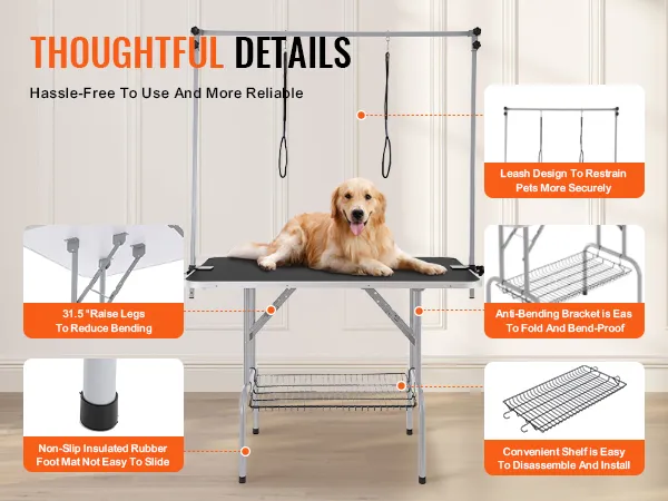 VEVOR pet grooming table with dog, adjustable height legs, secure leash design, non-slip feet, and storage shelf.