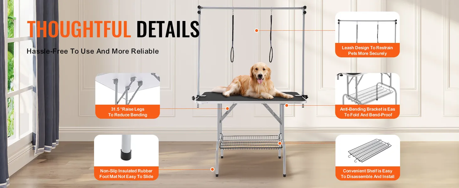 VEVOR pet grooming table with dog, adjustable height legs, secure leash design, non-slip feet, and storage shelf.