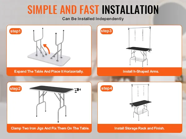four-step installation guide for VEVOR pet grooming table with simple instructions and images.