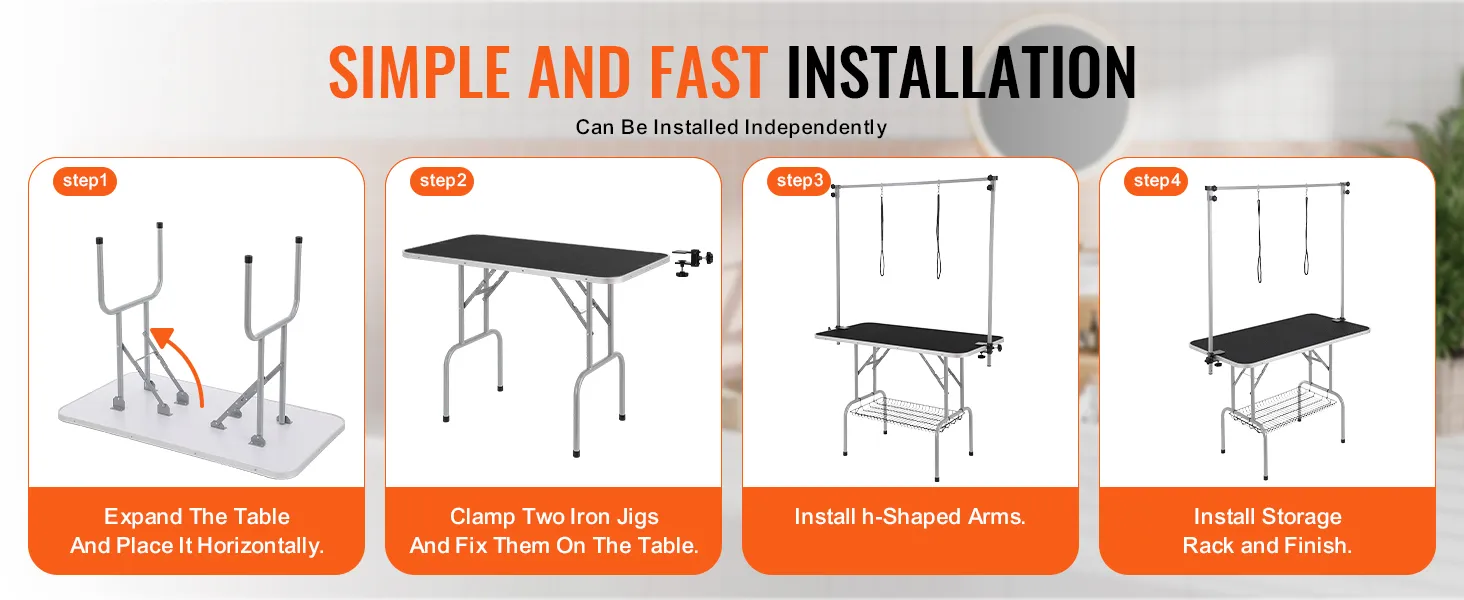 four-step installation guide for VEVOR pet grooming table with simple instructions and images.