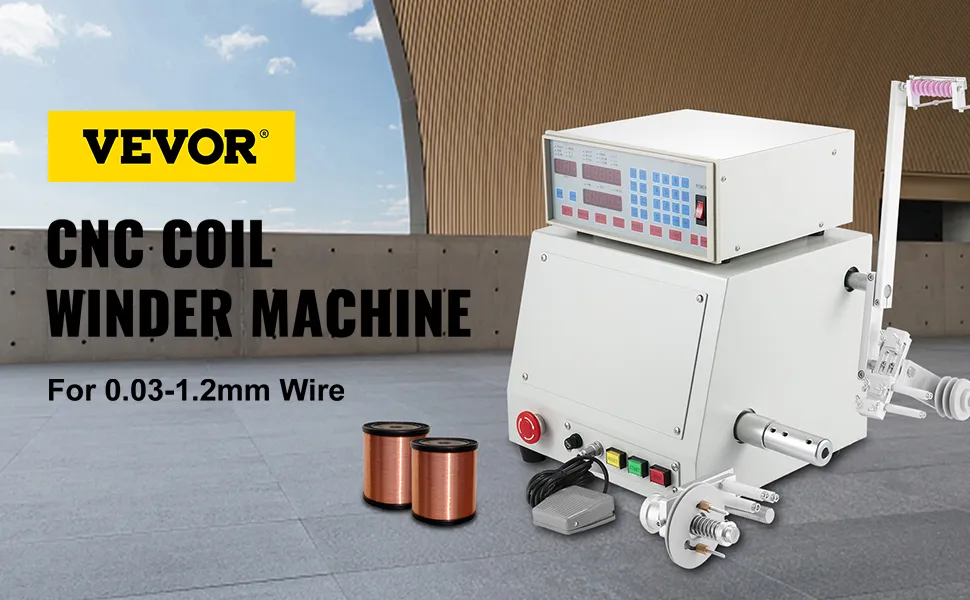 Bobinadora CNC VEVOR con carretes de alambre de cobre y panel de control.