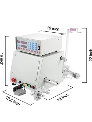 Bobinadora CNC VEVOR con dimensiones indicadas: 16 x 10 x 12,5 x 12 x 22 pulgadas.