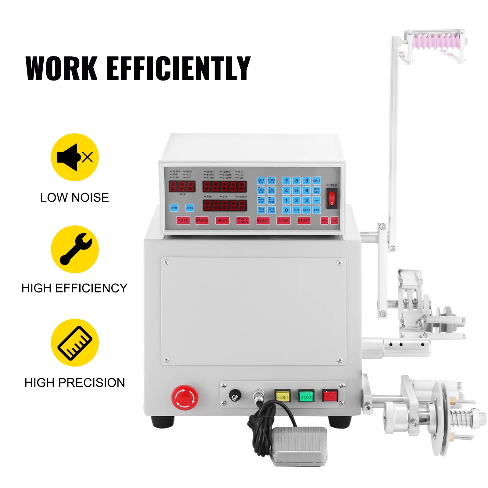 Bobinadora CNC VEVOR con pantalla digital e íconos de eficiencia para bajo nivel de ruido y precisión.