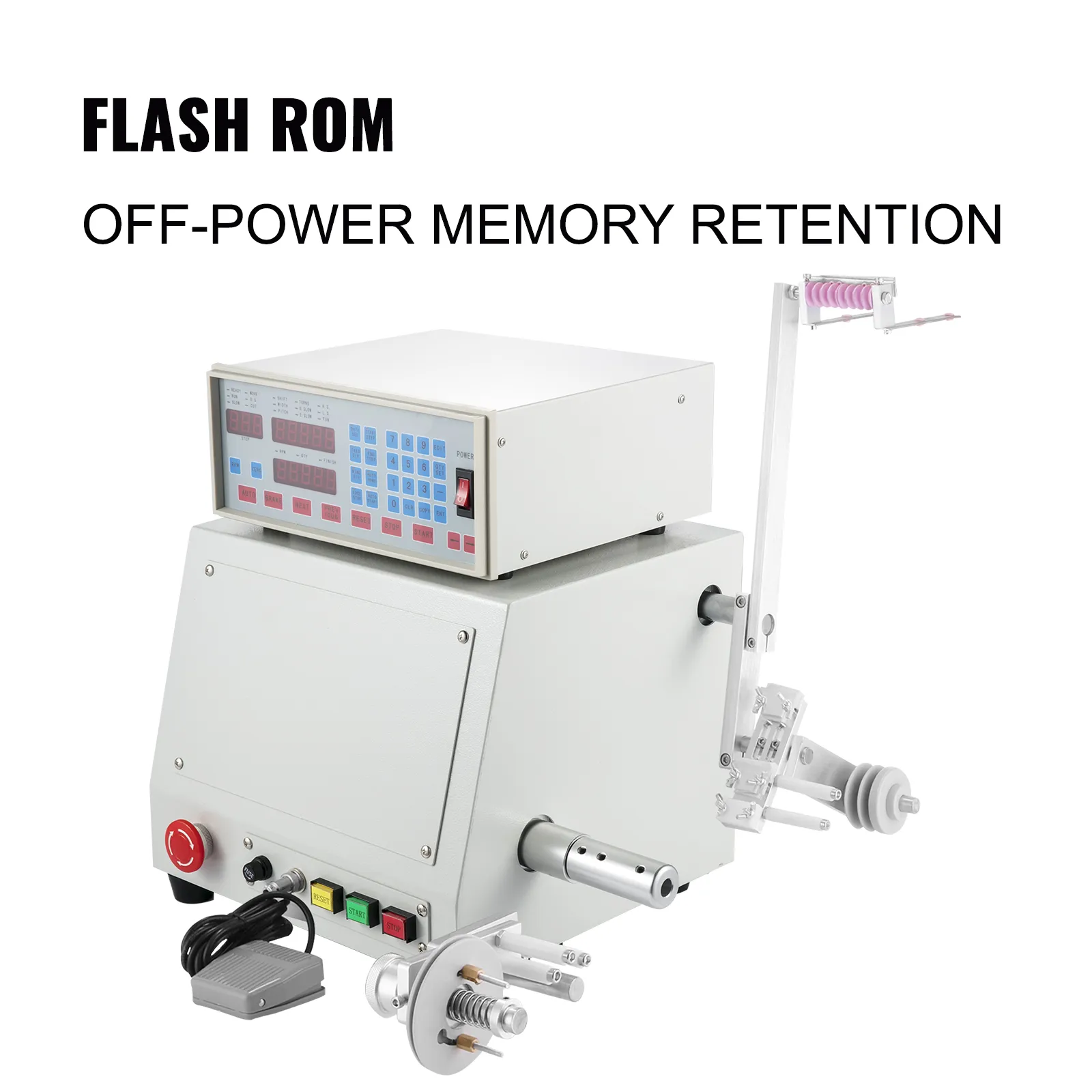 Bobinadora CNC VEVOR con pantalla digital y botones de control para retención de memoria sin energía.