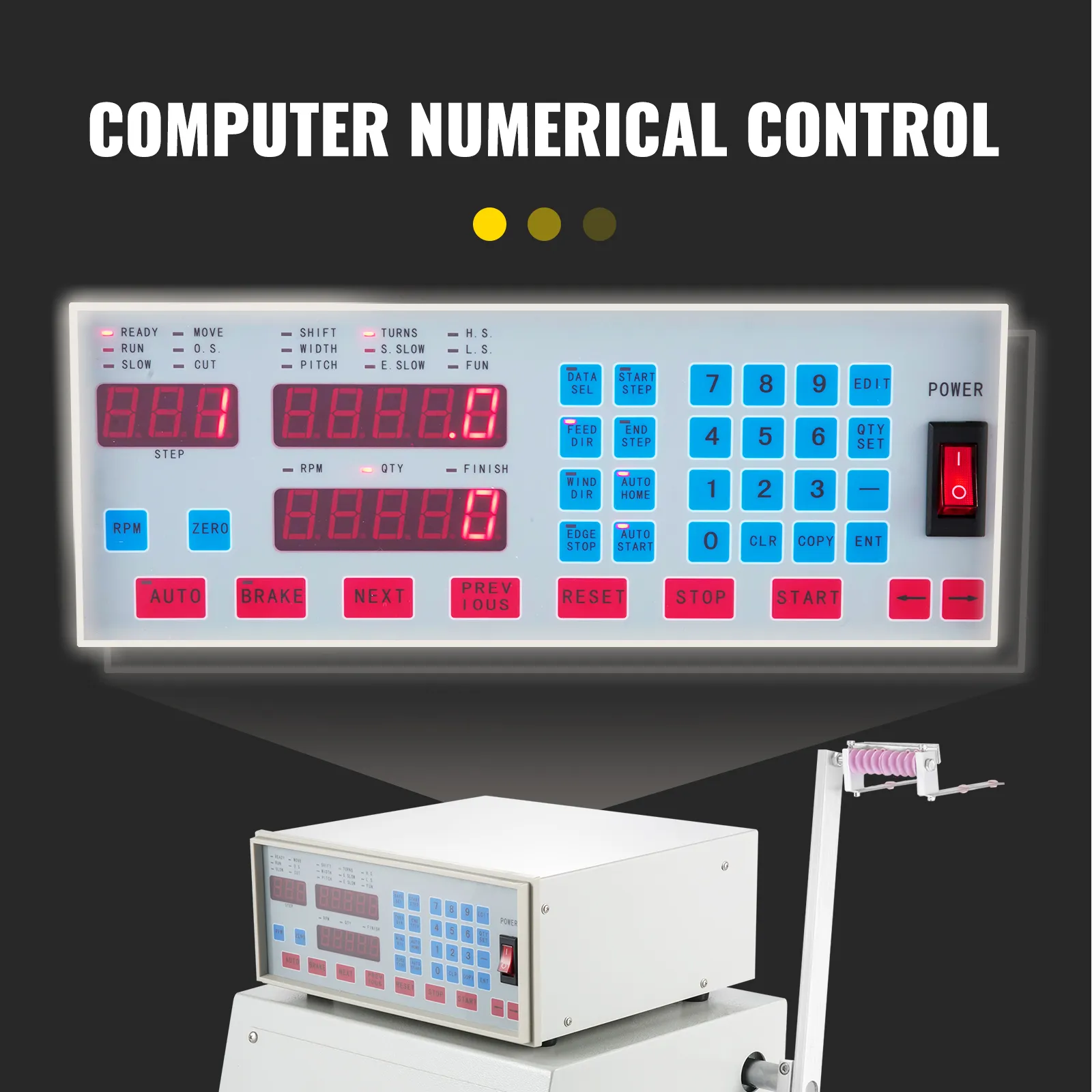 Panel de control del bobinador CNC VEVOR con pantalla digital y botones.