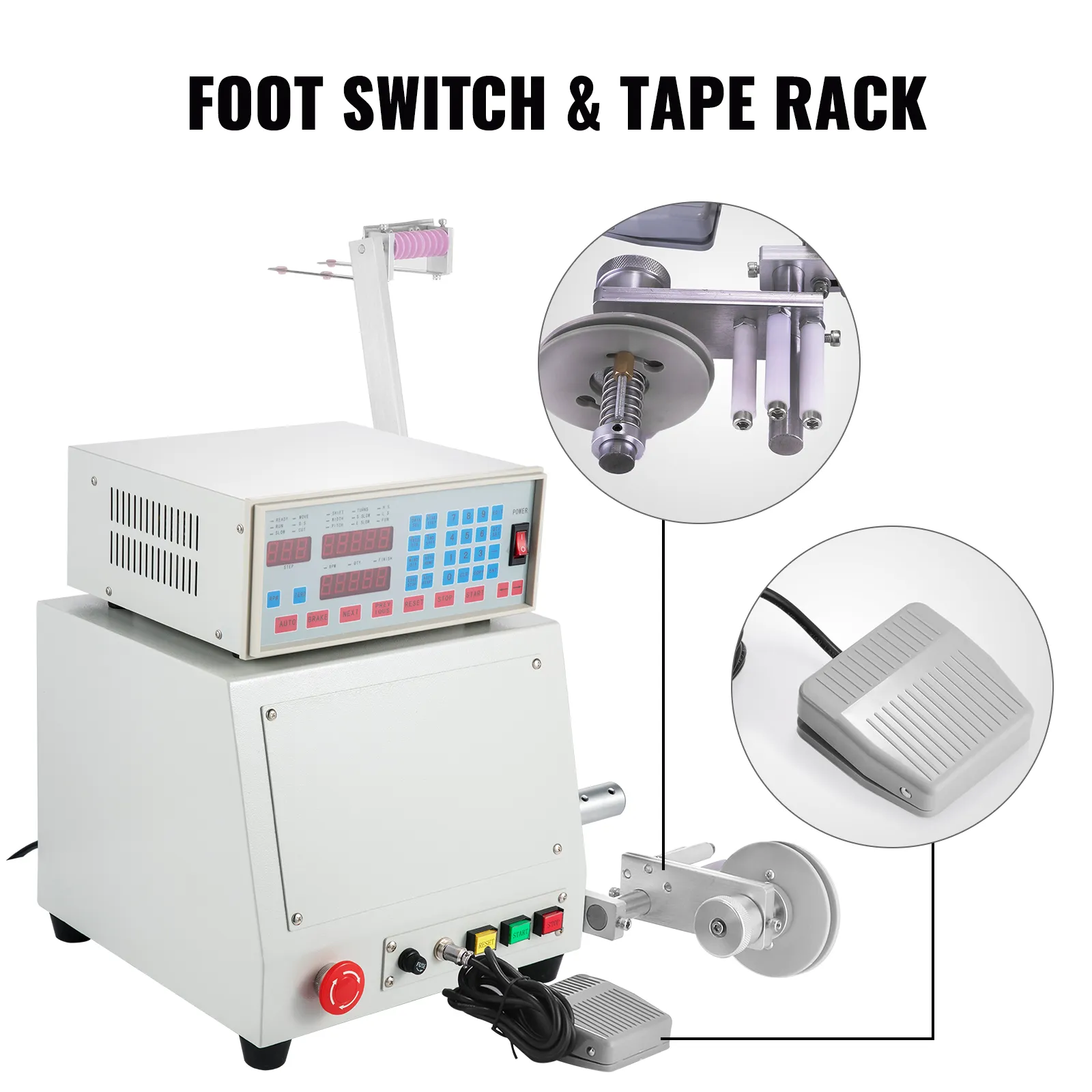Bobinadora CNC VEVOR con interruptor de pedal y soporte para cinta, que muestra el panel de control.
