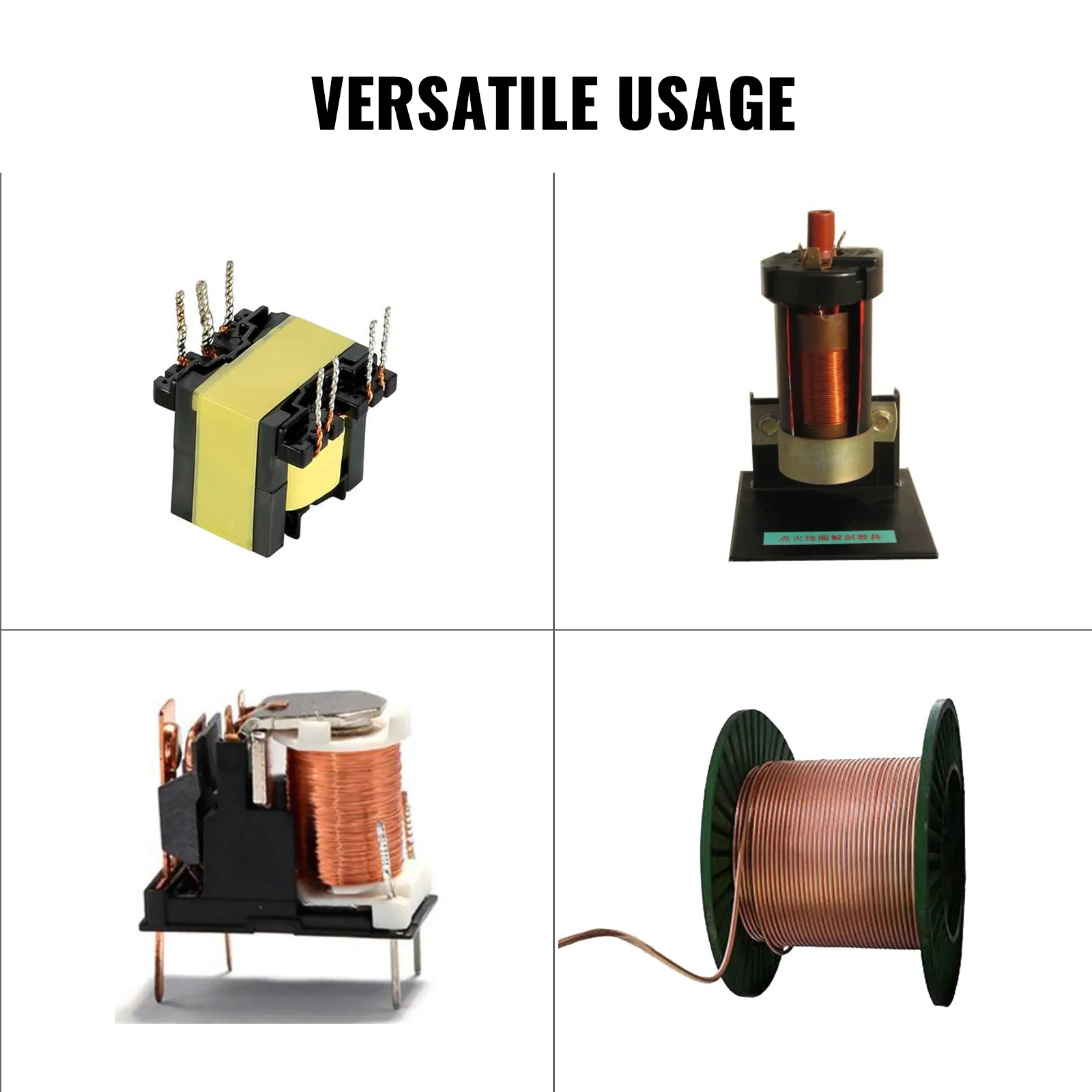 Varias bobinas y transformadores que muestran las capacidades del bobinador CNC VEVOR.