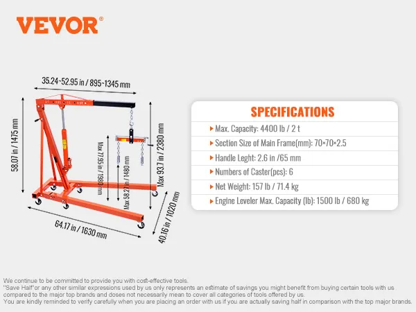 VEVOR hydraulic engine hoist specifications: max capacity 4400 lb, 6 casters, 157 lb net weight.