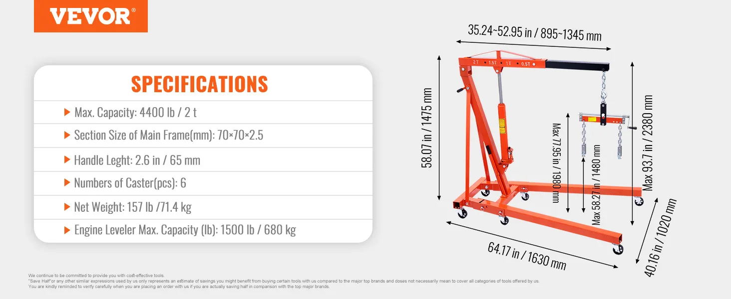 VEVOR hydraulic engine hoist specifications: max capacity 4400 lb, 6 casters, 157 lb net weight.