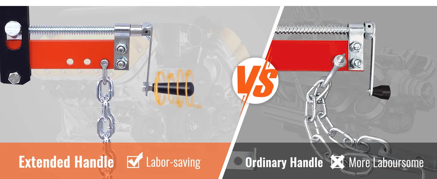 VEVOR hydraulic engine hoist comparison: extended handle vs ordinary handle, highlighting labor-saving features.