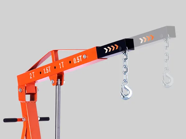 VEVOR hydraulic engine hoist with adjustable load capacity of 2t, 1.5t, 1t, and 0.5t, featuring chains and hooks.