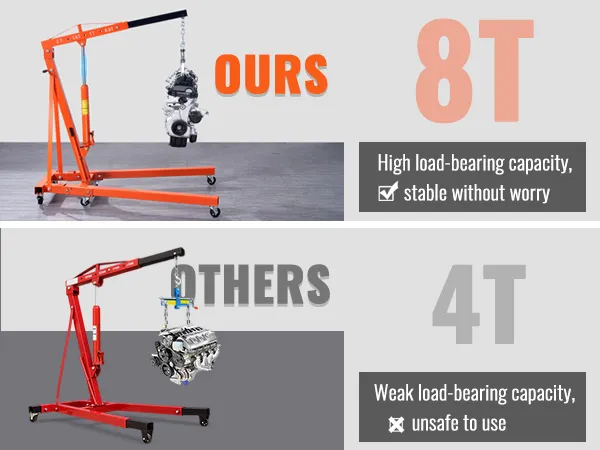 VEVOR hydraulic engine hoist 8t vs 4t, showcasing higher load capacity and stability.