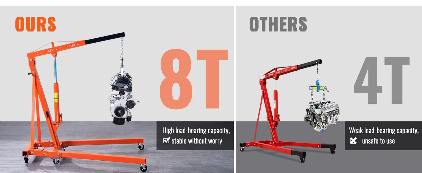 VEVOR hydraulic engine hoist 8t vs 4t, showcasing higher load capacity and stability.