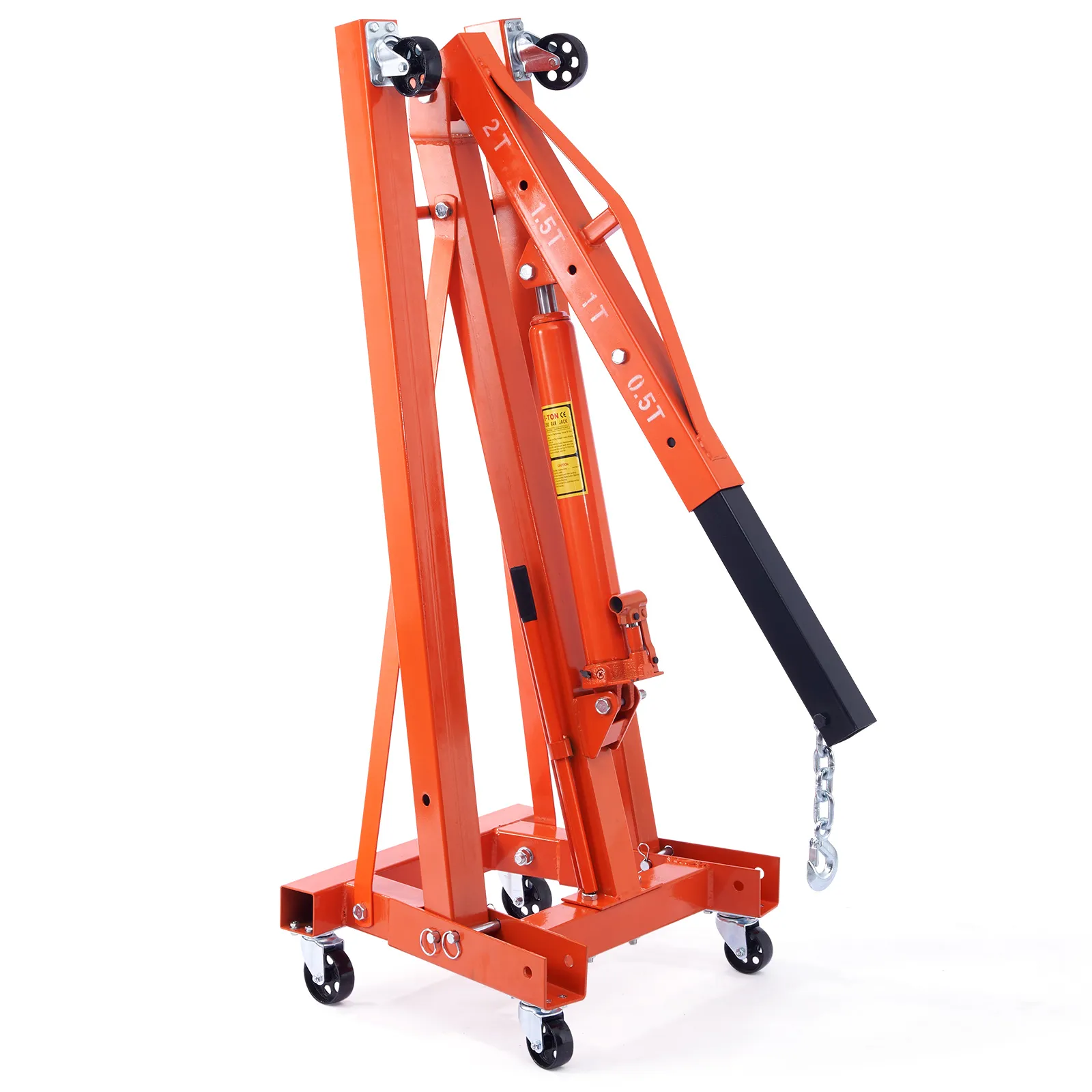 orange VEVOR hydraulic engine hoist with adjustable boom and wheels for easy maneuverability.