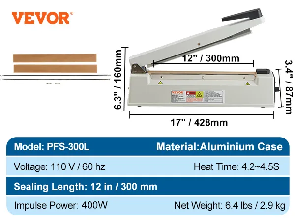 VEVOR impulse sealer pfs-300l, 12" sealing length, 110v, 400w, 4.2-4.5s heat time, aluminum case.