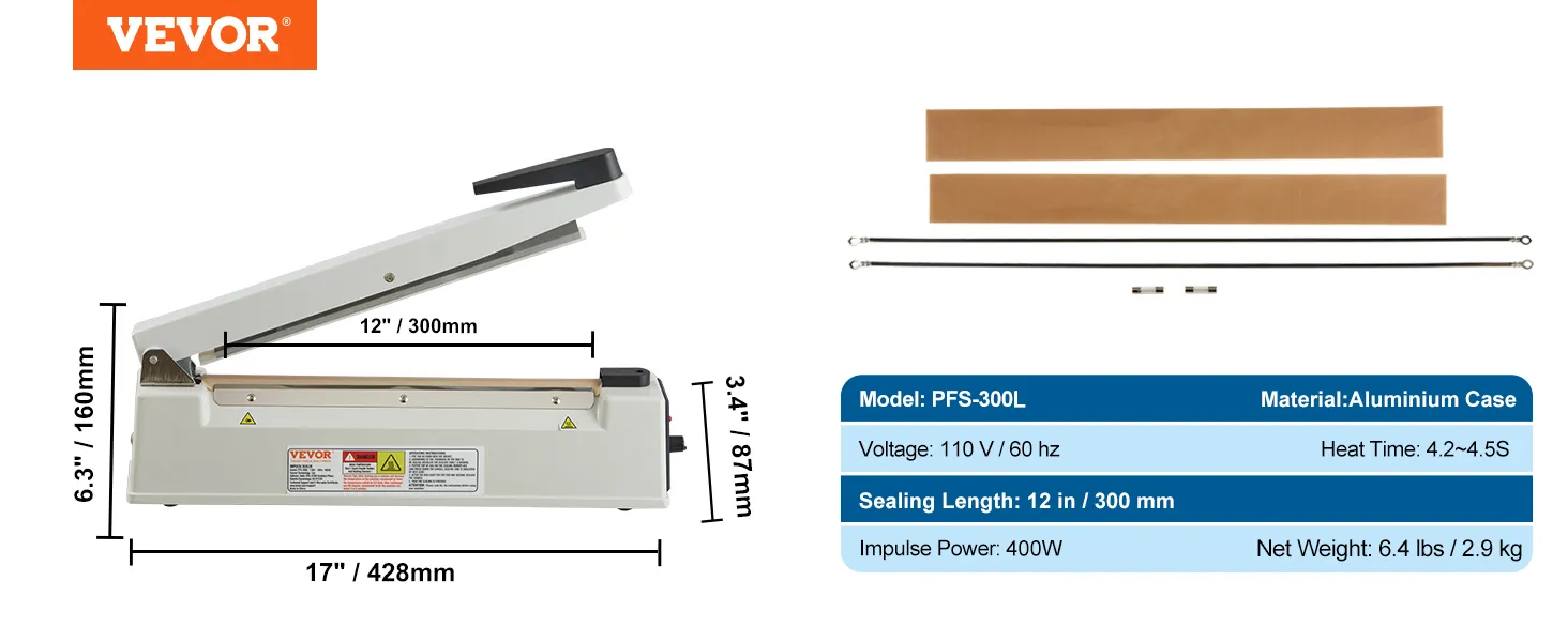 VEVOR impulse sealer pfs-300l, 12" sealing length, 110v, 400w, 4.2-4.5s heat time, aluminum case.