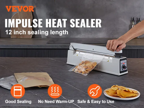 VEVOR impulse sealer, 12-inch heat sealer being used to package snacks on a kitchen counter.