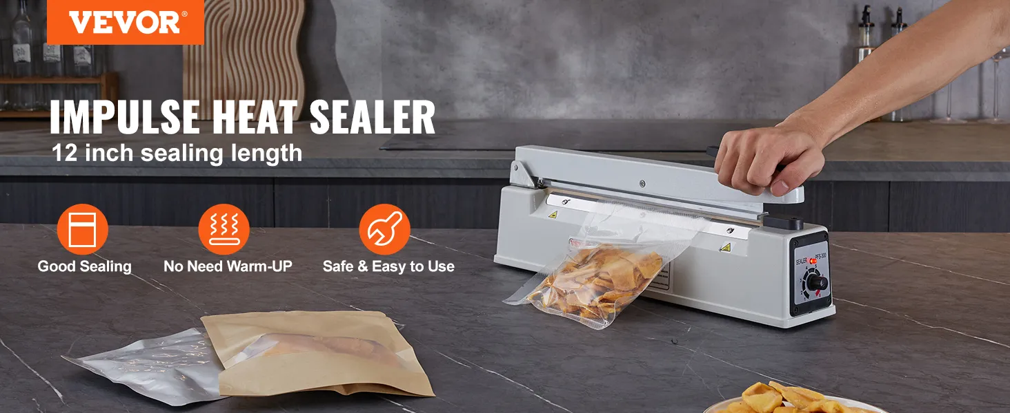 VEVOR impulse sealer, 12-inch heat sealer being used to package snacks on a kitchen counter.