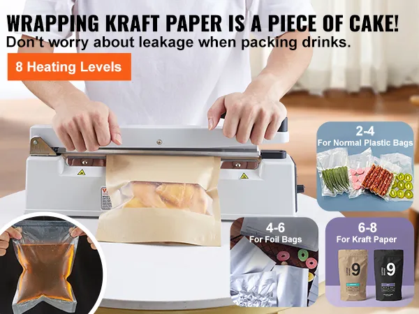 man using a VEVOR impulse sealer to pack food in a kraft paper bag with 8 heating levels.