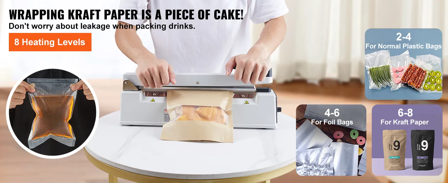 man using a VEVOR impulse sealer to pack food in a kraft paper bag with 8 heating levels.