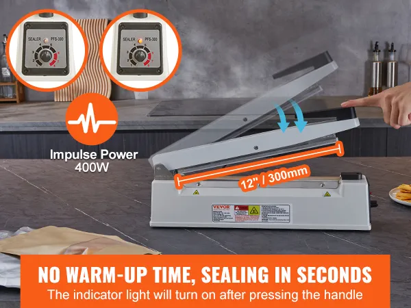 VEVOR impulse sealer, 12"/300mm, 400w, sealing bags on a countertop, no warm-up time, indicator light.