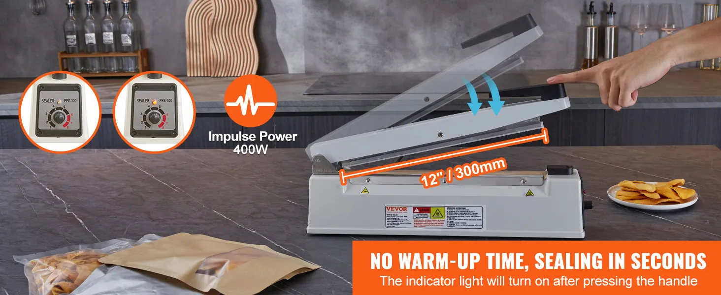 VEVOR impulse sealer, 12"/300mm, 400w, sealing bags on a countertop, no warm-up time, indicator light.