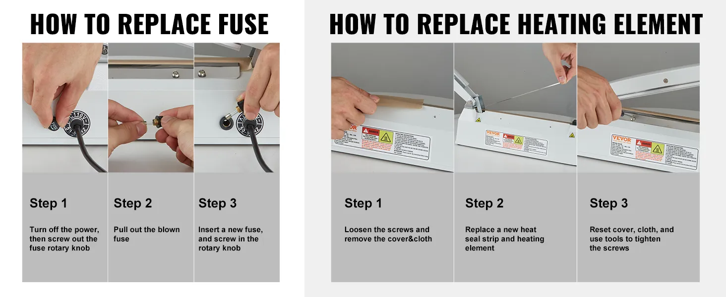 steps to replace fuse and heating element for VEVOR impulse sealer with images and captions.