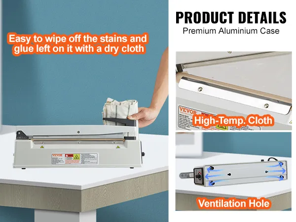 VEVOR impulse sealer with premium aluminium case, easy to clean, high-temp cloth, ventilation hole.